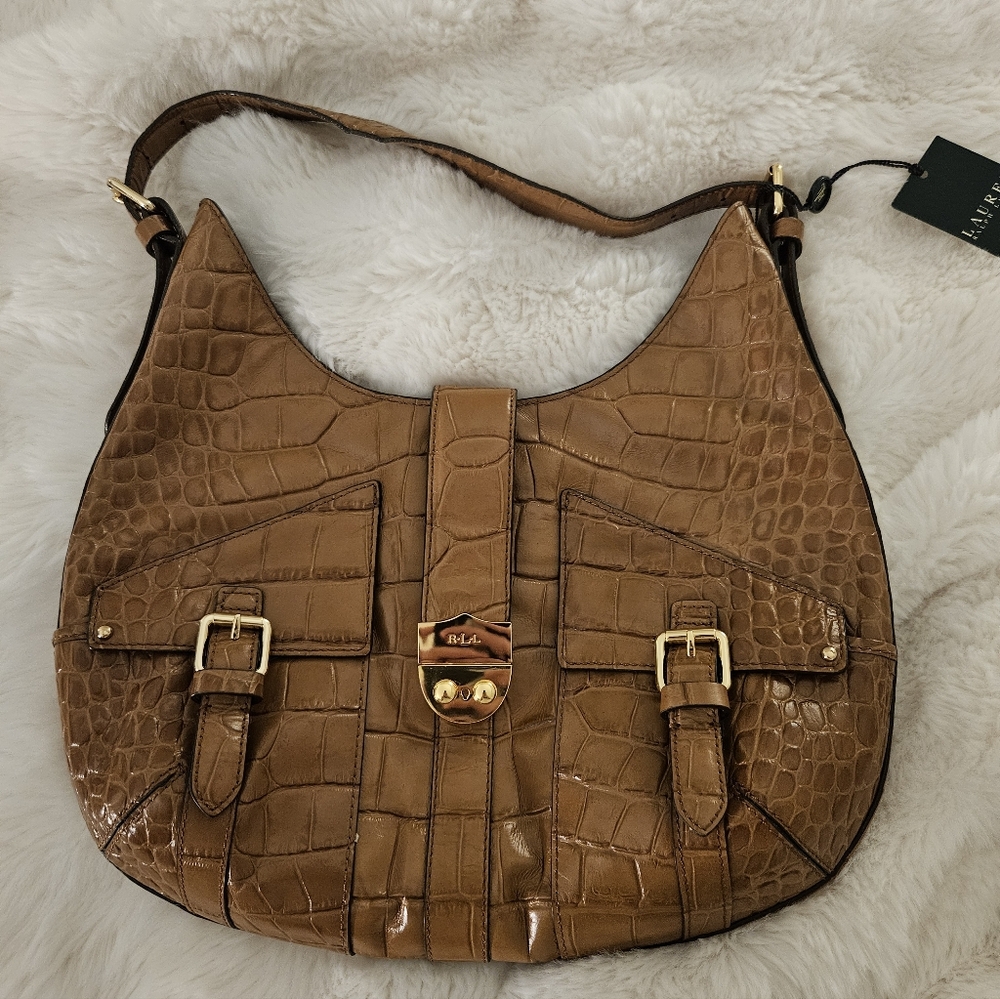 Ralph Lauren Leather Crocodile-Embossed Acadian Hobo Shoulder Bag NWT